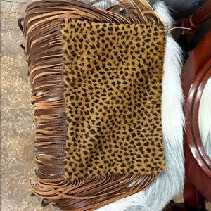 Leopard Print cowhide crossbody purse with fringe